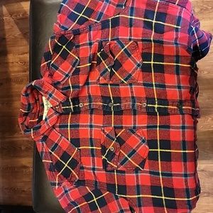 Large urban pipeline red, navy blue and yellow Plaid flannel.